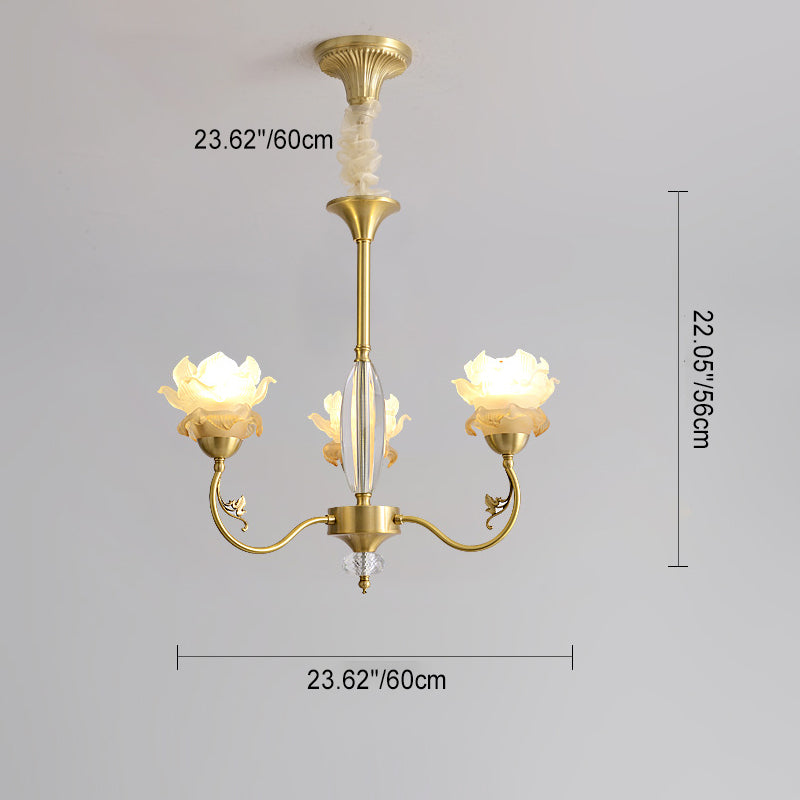 Traditional French Flower Branch Copper Glass Crystal 3/6/8 Light Chandeliers For Living Room