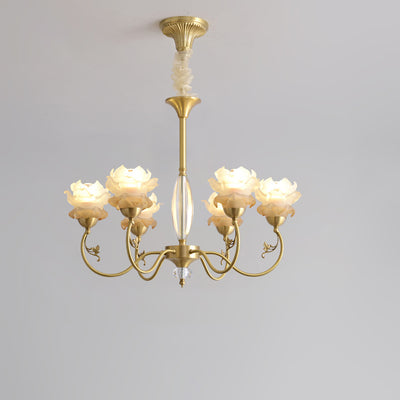 Traditional French Flower Branch Copper Glass Crystal 3/6/8 Light Chandeliers For Living Room