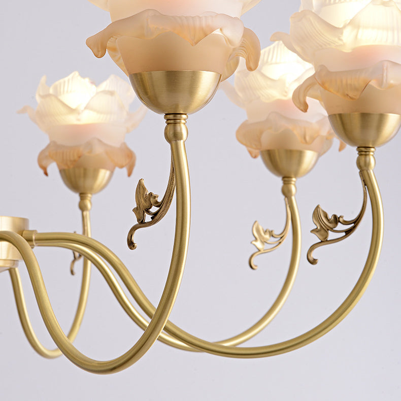 Traditional French Flower Branch Copper Glass Crystal 3/6/8 Light Chandeliers For Living Room