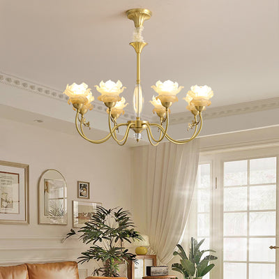 Traditional French Flower Branch Copper Glass Crystal 3/6/8 Light Chandeliers For Living Room