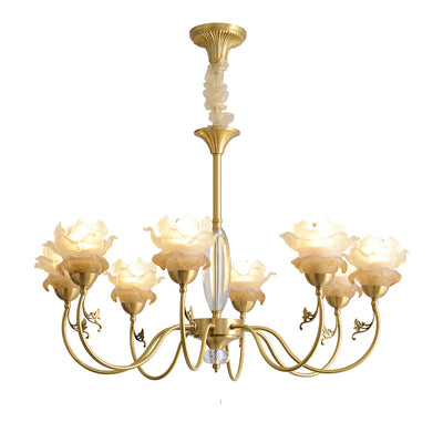 Traditional French Flower Branch Copper Glass Crystal 3/6/8 Light Chandeliers For Living Room