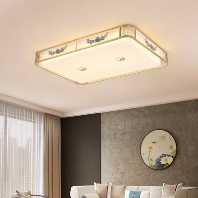 Traditional Chinese Round Square Peony Hardware Acrylic LED Flush Mount Ceiling Light For Bedroom