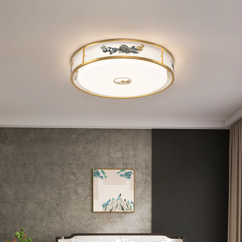 Traditional Chinese Round Square Peony Hardware Acrylic LED Flush Mount Ceiling Light For Bedroom