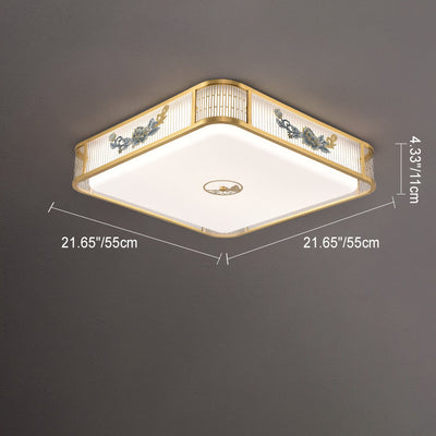 Traditional Chinese Round Square Peony Hardware Acrylic LED Flush Mount Ceiling Light For Bedroom