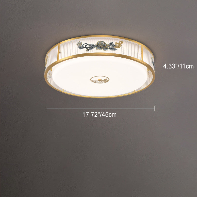 Traditional Chinese Round Square Peony Hardware Acrylic LED Flush Mount Ceiling Light For Bedroom