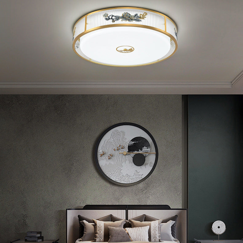 Traditional Chinese Round Square Peony Hardware Acrylic LED Flush Mount Ceiling Light For Bedroom