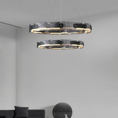 Contemporary Industrial Dazzle Circles Tier Aluminum Copper Glass LED Chandelier For Living Room