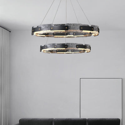 Contemporary Industrial Dazzle Circles Tier Aluminum Copper Glass LED Chandelier For Living Room