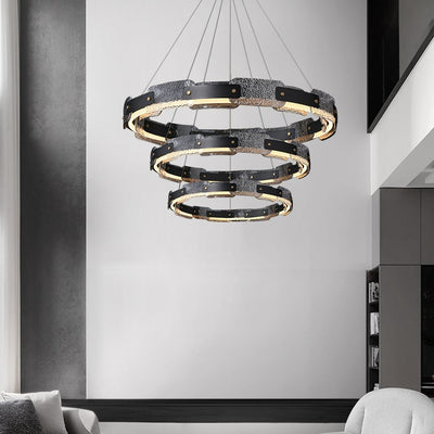 Contemporary Industrial Dazzle Circles Tier Aluminum Copper Glass LED Chandelier For Living Room