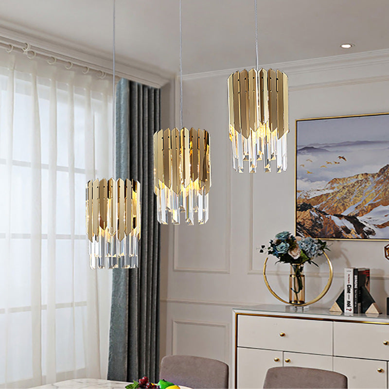 Modern Luxury Cylindrical Crystal Prisms Stainless Steel 1-Light Pendant Light For Dining Room