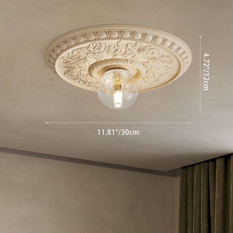 Traditional French Handmade Round Relief Resin Glass 1-Light Flush Mount Ceiling Light For Hallway