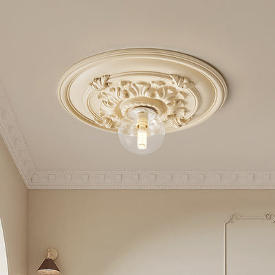 Traditional French Handmade Round Relief Resin Glass 1-Light Flush Mount Ceiling Light For Hallway