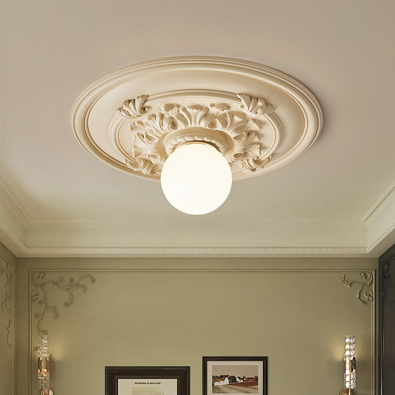 Traditional French Handmade Round Relief Resin Glass 1-Light Flush Mount Ceiling Light For Hallway