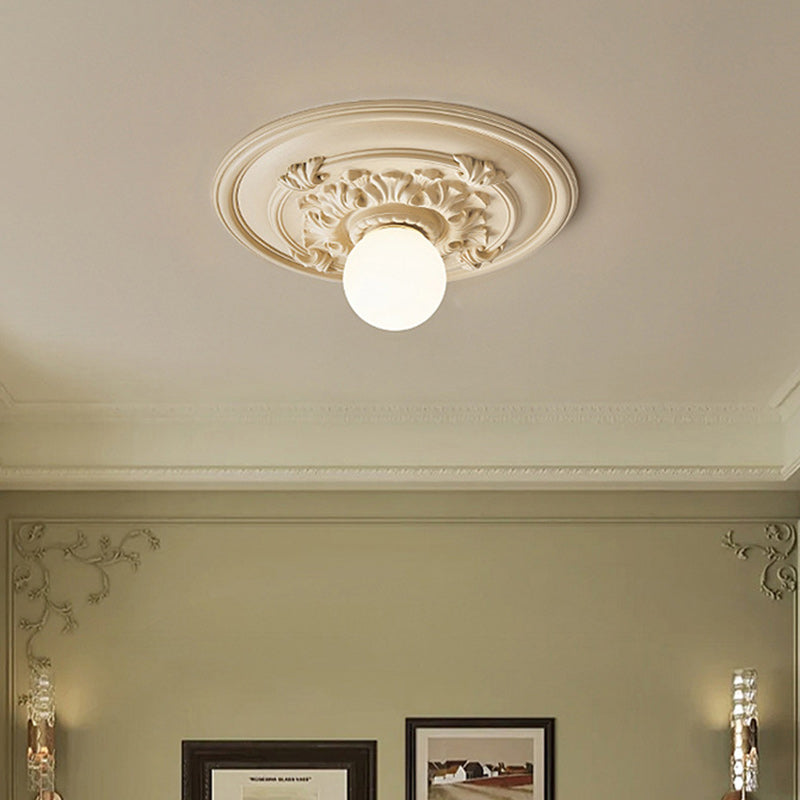 Traditional French Handmade Round Relief Resin Glass 1-Light Flush Mount Ceiling Light For Hallway