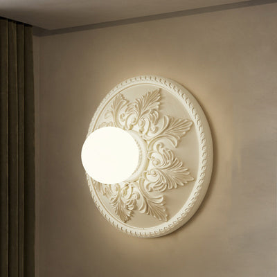 Traditional French Round Carved Resin Glass 1-Light Wall Sconce Lamp For Living Room