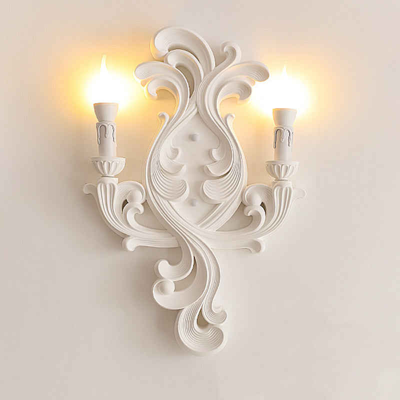 Traditional French Candle Carved Glass Plaster 2-Light Wall Sconce Lamp For Living Room