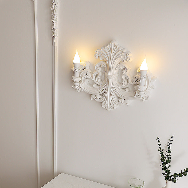 Traditional French Candle Carved Glass Plaster 2-Light Wall Sconce Lamp For Living Room