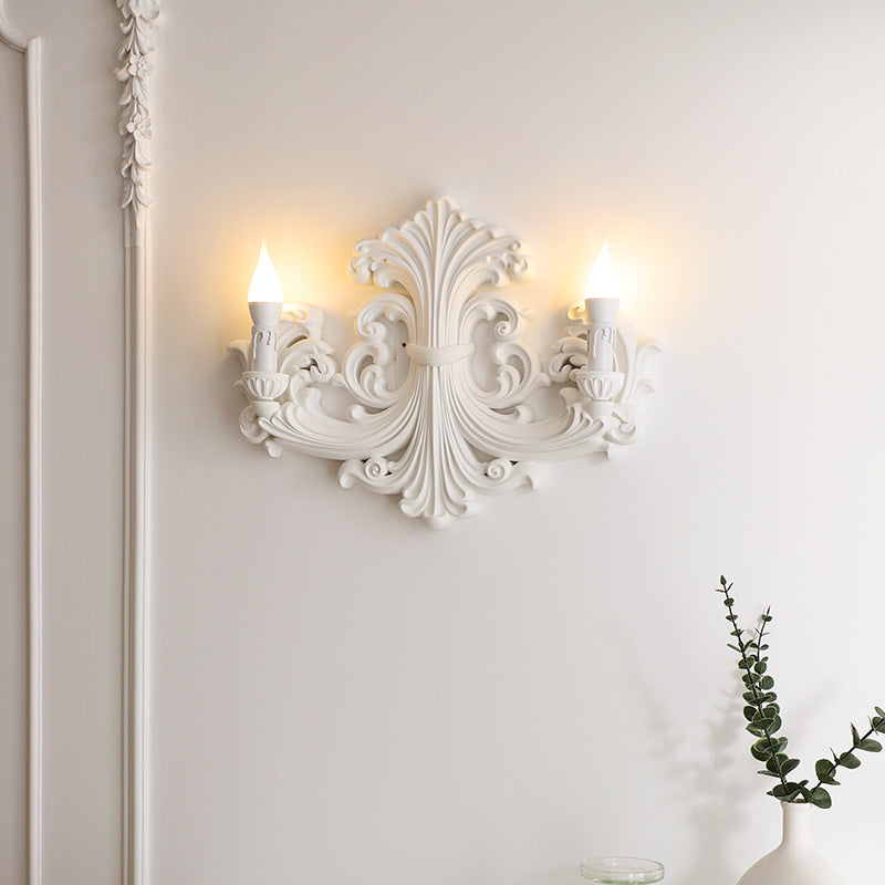 Traditional French Candle Carved Glass Plaster 2-Light Wall Sconce Lamp For Living Room