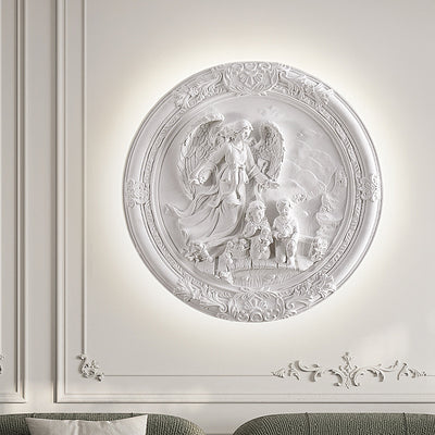 Traditional French Round Carved Angel Resin LED Wall Sconce Lamp For Living Room