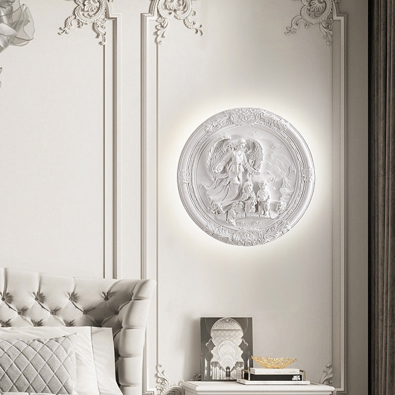 Traditional French Round Carved Angel Resin LED Wall Sconce Lamp For Living Room