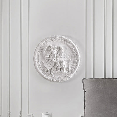 Traditional French Round Carved Angel Resin LED Wall Sconce Lamp For Living Room