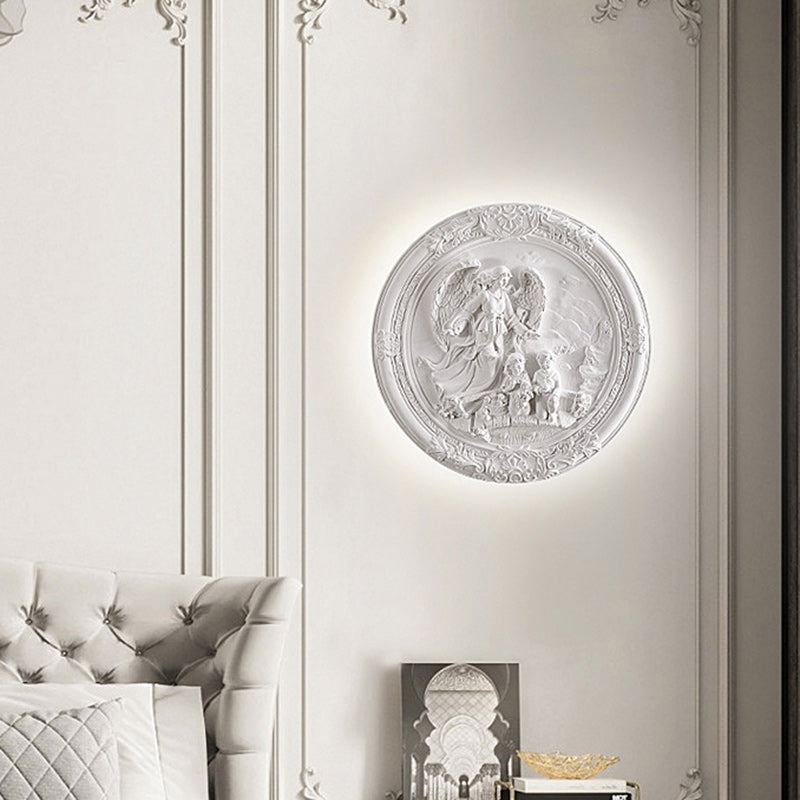 Traditional French Round Carved Angel Resin LED Wall Sconce Lamp For Living Room