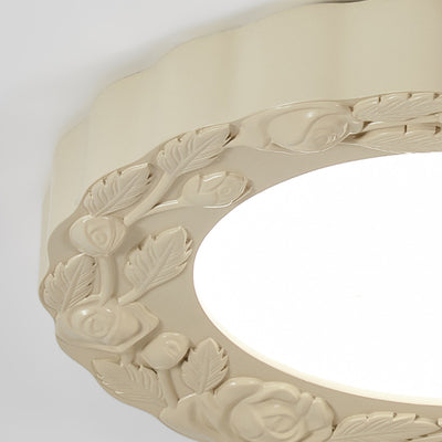 Traditional French Resin Acrylic Carved Flower Round Shade LED Flush Mount Ceiling Light For Living Room