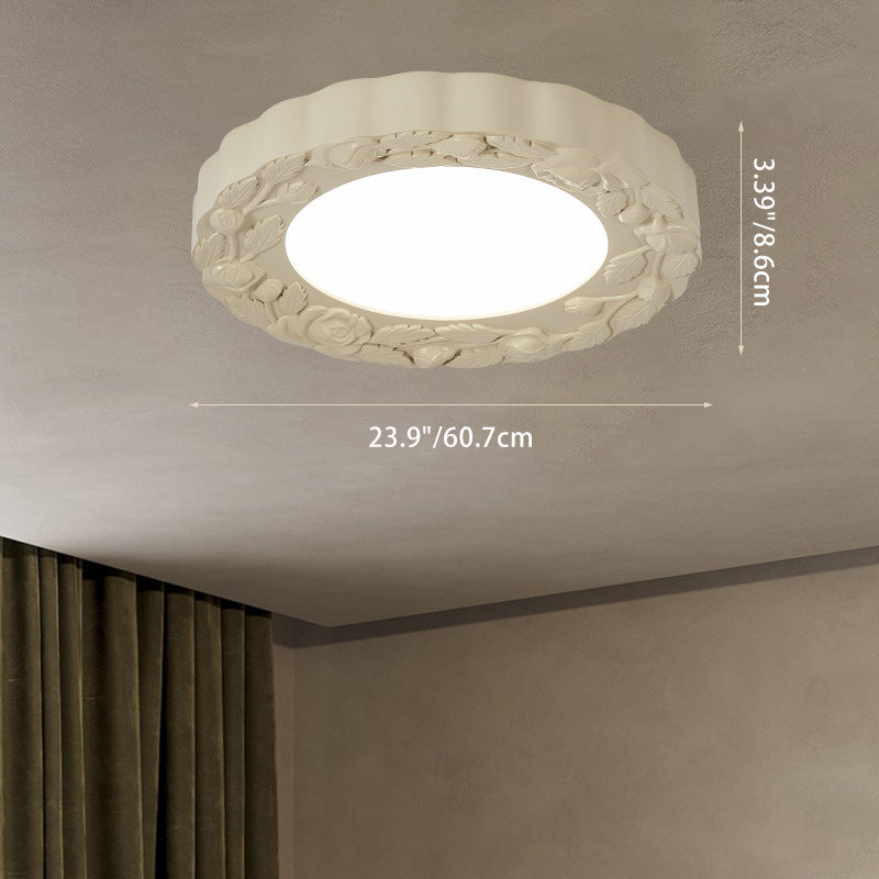 Traditional French Resin Acrylic Carved Flower Round Shade LED Flush Mount Ceiling Light For Living Room