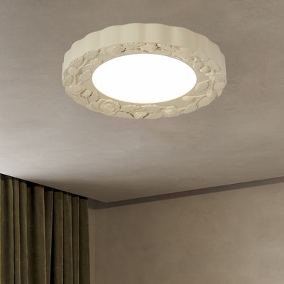 Traditional French Resin Acrylic Carved Flower Round Shade LED Flush Mount Ceiling Light For Living Room