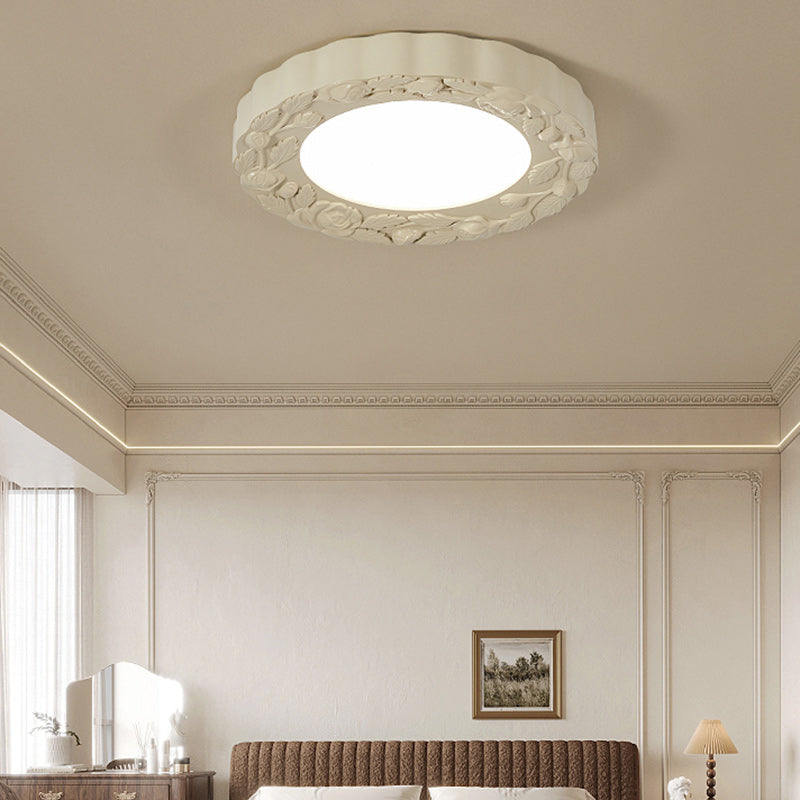 Traditional French Resin Acrylic Carved Flower Round Shade LED Flush Mount Ceiling Light For Living Room