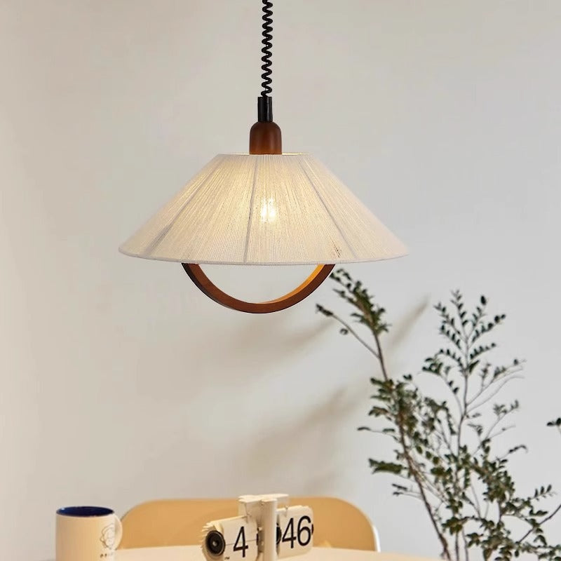 Traditional Japanese Round V- Shape Wood Cotton Thread 1-Light Pendant Light For Living Room