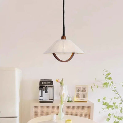 Traditional Japanese Round V- Shape Wood Cotton Thread 1-Light Pendant Light For Living Room