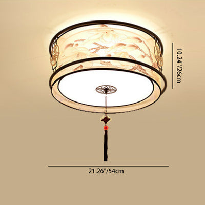 Traditional Chinese Round Square Tassel Magnolia Iron Fabric 3/4 Light Flush Mount Ceiling Light For Living Room