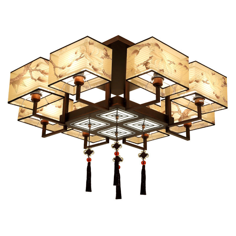 Traditional Chinese Rectangle Tassel Magnolia Iron Fabric 4/6/8-Light Semi-Flush Mount Ceiling Light For Bedroom