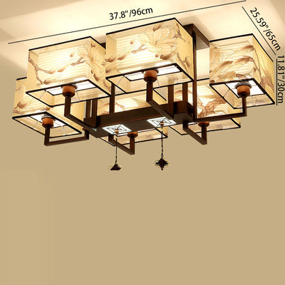 Traditional Chinese Rectangle Tassel Magnolia Iron Fabric 4/6/8-Light Semi-Flush Mount Ceiling Light For Bedroom