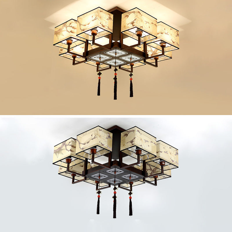 Traditional Chinese Rectangle Tassel Magnolia Iron Fabric 4/6/8-Light Semi-Flush Mount Ceiling Light For Bedroom