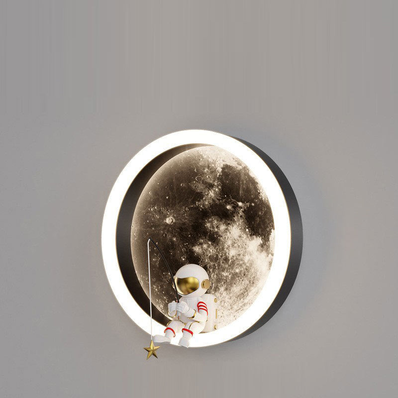 Contemporary Creative Round Space Astronaut Hardware Acrylic Shade LED Kids Wall Sconce Lamp For Bedroom