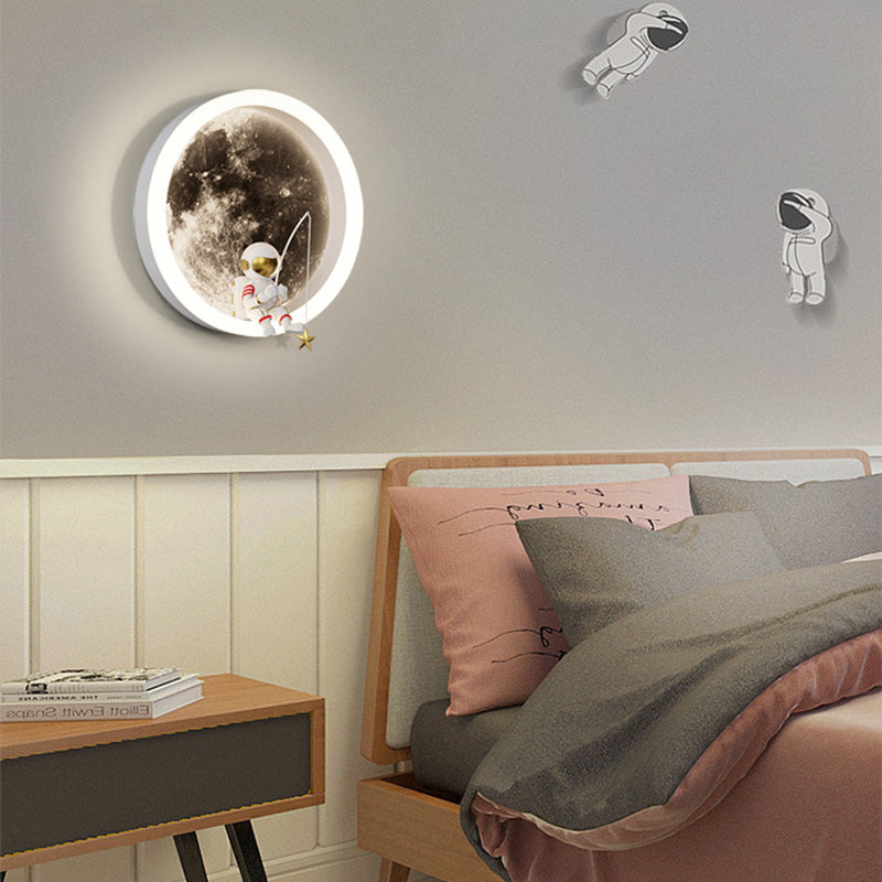 Contemporary Creative Round Space Astronaut Hardware Acrylic Shade LED Kids Wall Sconce Lamp For Bedroom