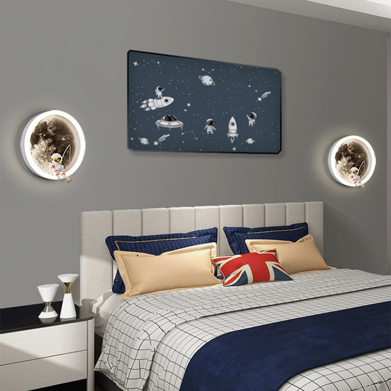 Contemporary Creative Round Space Astronaut Hardware Acrylic Shade LED Kids Wall Sconce Lamp For Bedroom