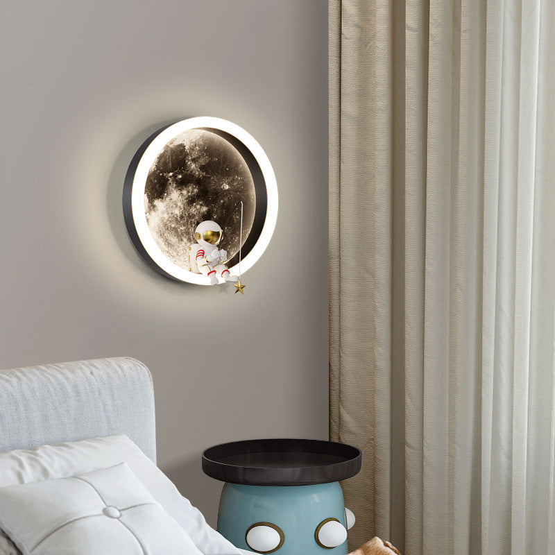 Contemporary Creative Round Space Astronaut Hardware Acrylic Shade LED Kids Wall Sconce Lamp For Bedroom