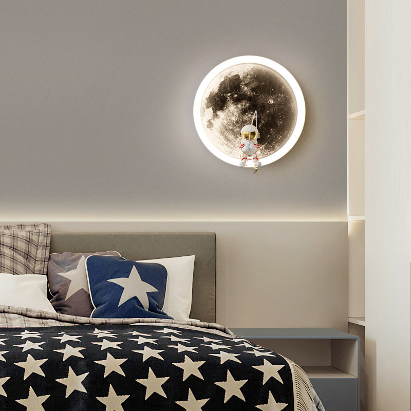 Contemporary Creative Round Space Astronaut Hardware Acrylic Shade LED Kids Wall Sconce Lamp For Bedroom