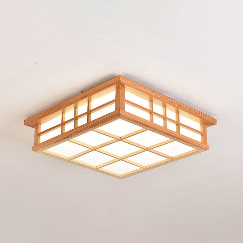 Traditional Japanese Square Lattice Acrylic Iron Wood LED Flush Mount Ceiling Light For Living Room