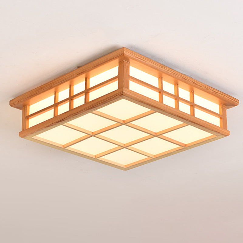 Traditional Japanese Square Lattice Acrylic Iron Wood LED Flush Mount Ceiling Light For Living Room