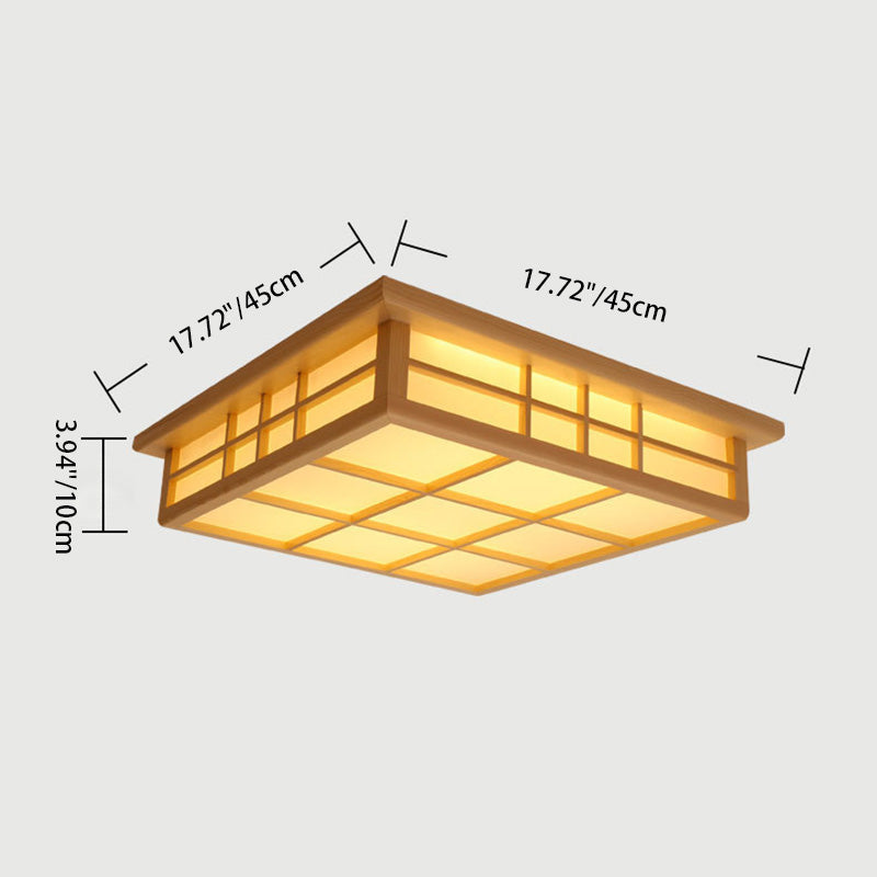 Traditional Japanese Square Lattice Acrylic Iron Wood LED Flush Mount Ceiling Light For Living Room