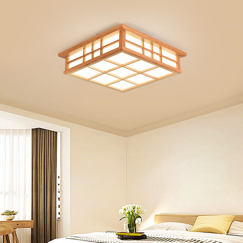 Traditional Japanese Square Lattice Acrylic Iron Wood LED Flush Mount Ceiling Light For Living Room