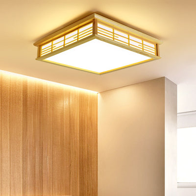 Traditional Japanese Square Lattice Acrylic Iron Wood LED Flush Mount Ceiling Light For Living Room