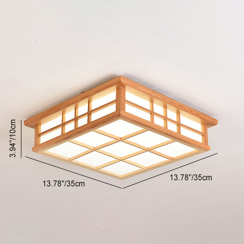 Traditional Japanese Square Lattice Acrylic Iron Wood LED Flush Mount Ceiling Light For Living Room