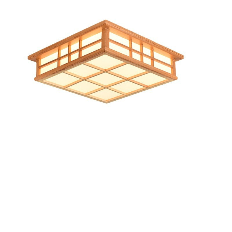 Traditional Japanese Square Lattice Acrylic Iron Wood LED Flush Mount Ceiling Light For Living Room