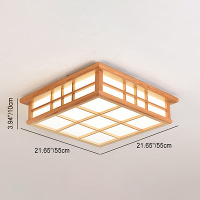 Traditional Japanese Square Lattice Acrylic Iron Wood LED Flush Mount Ceiling Light For Living Room