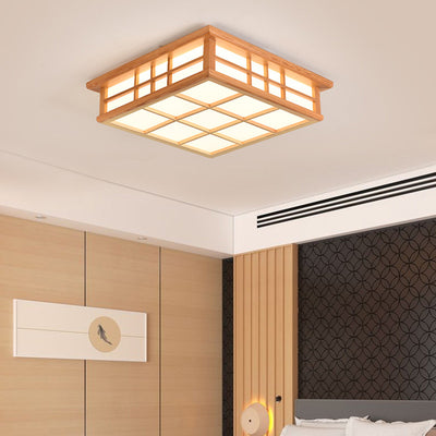 Traditional Japanese Square Lattice Acrylic Iron Wood LED Flush Mount Ceiling Light For Living Room